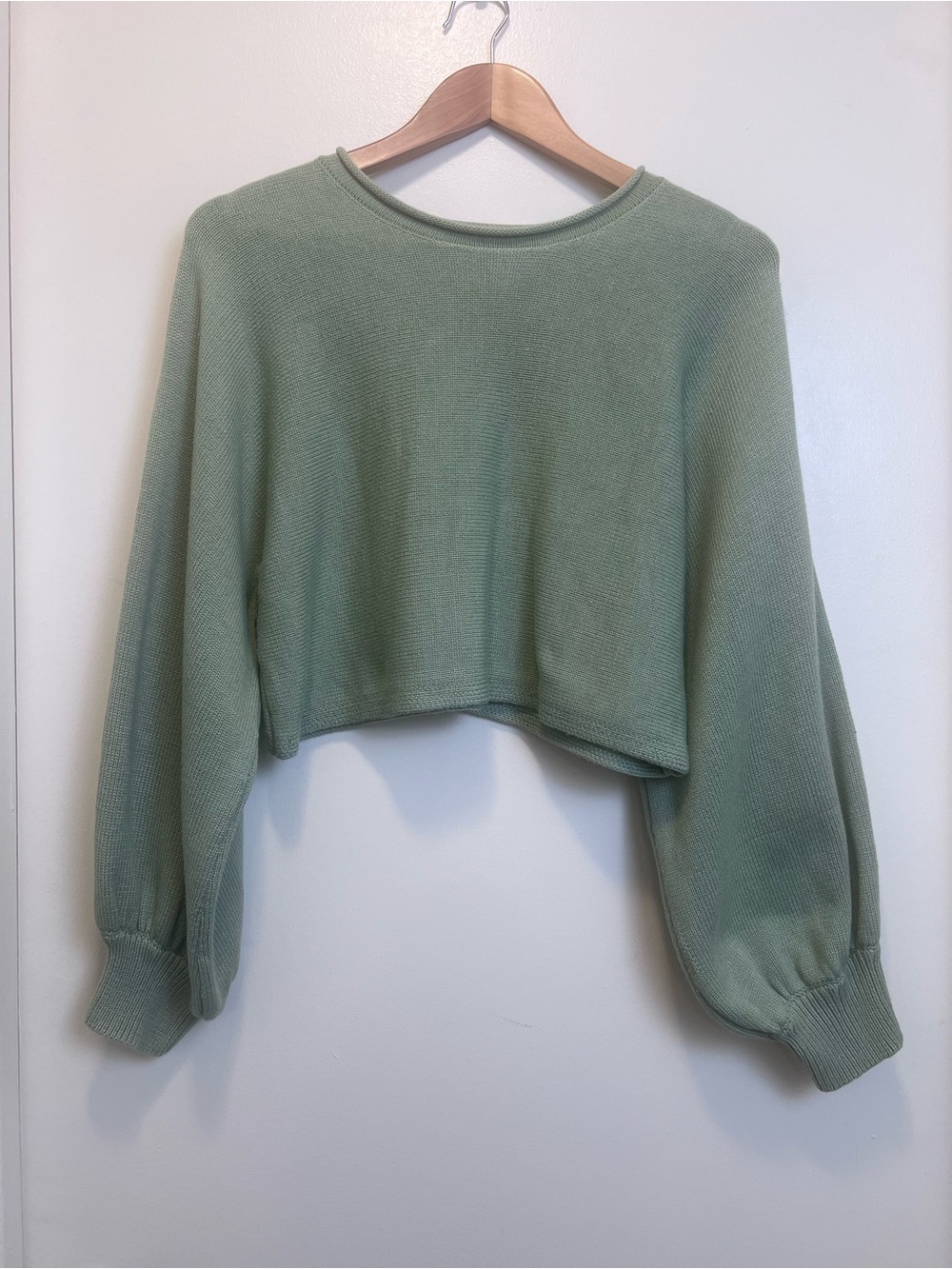 Princess Polly XX Sage Green Cropped Knit Sweater Balloon Sleeve S/M